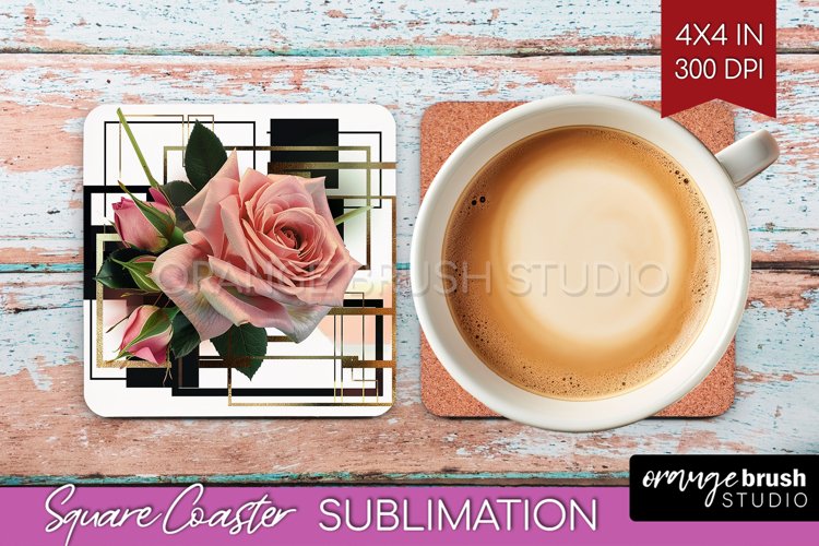 Vintage Flowers Square Coaster - Art Deco Coaster PNG