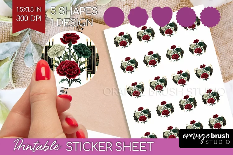 Vintage Flowers Round Sticker - Art Deco Printable Sticker