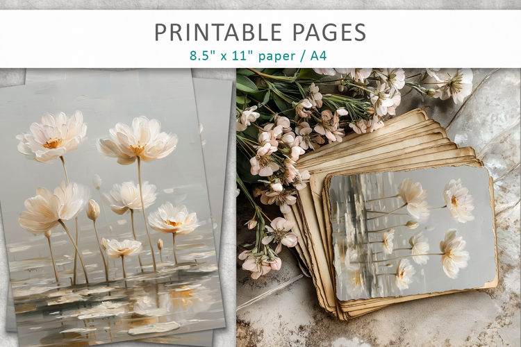 paint texture floral junk journal pages, grunge floral paper