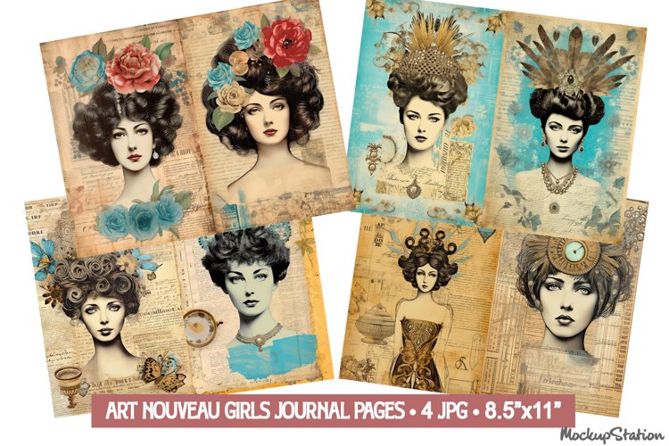 Art Nouveau Women Portraits Junk Journal Printable Half Page example image 1