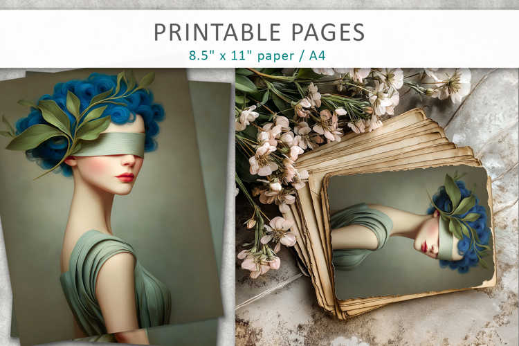 artistic portrait junk journal pages, printable art