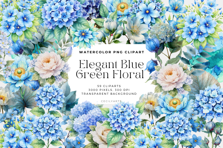 Elegant Blue Green Floral Cliparts