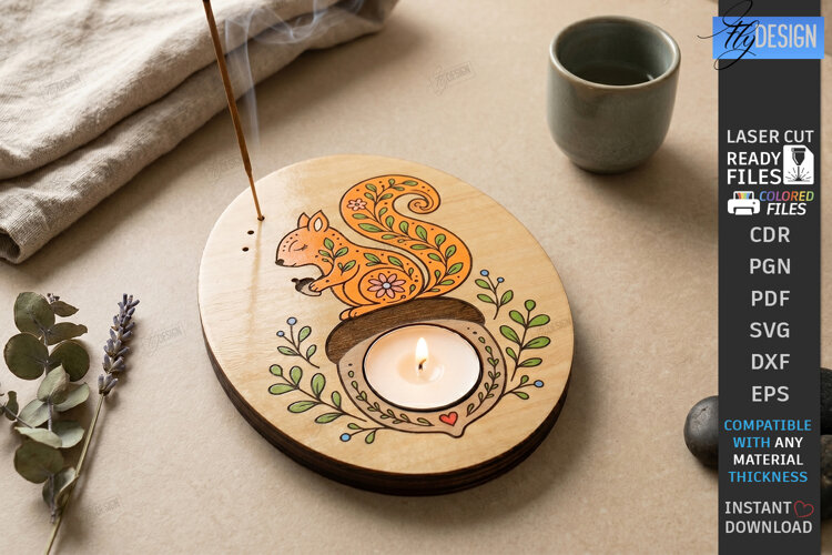 Art Candle Holder Laser Cut | Tea Light Tray | Squirrel SVG example image 1
