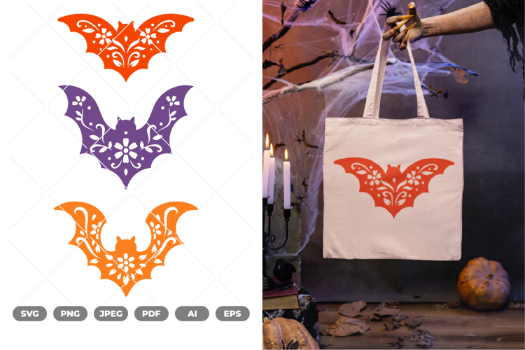 Floral Bat Silhouette Colored SVG & Clipart
