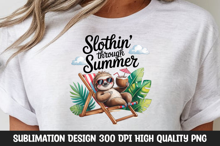 Cute Slothin Through Summer Clipart with Tropical Leaves PNG