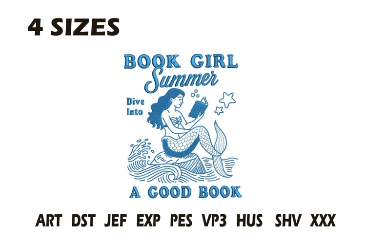 Book Girl Summer Mermaid Embroidery Design