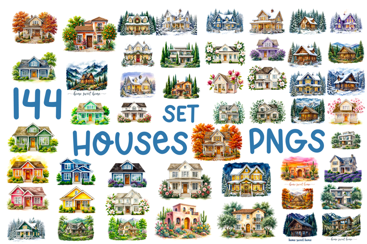 144 SUPER Cozy Watercolor House Cliparts Bundle