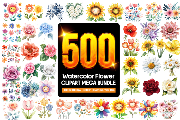 500 Watercolor Flower Clipart PNG Sublimation Mega Bundle