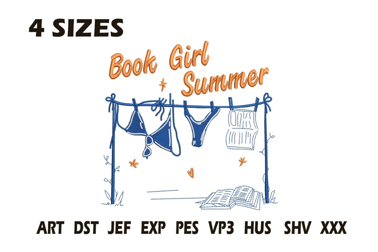 Book Girl Summer Embroidery Design | Reading Beach Vibes example image 1