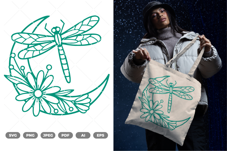 Dragonfly and Floral Moon SVG & Clipart example image 1