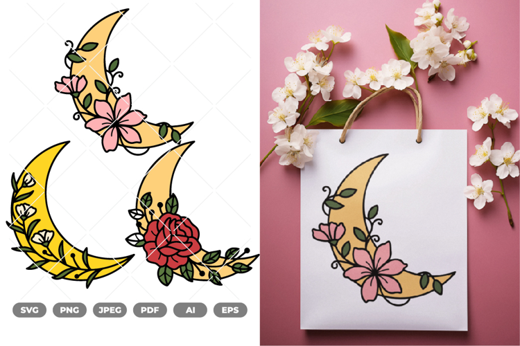 Floral Moon Colored SVG & Clipart