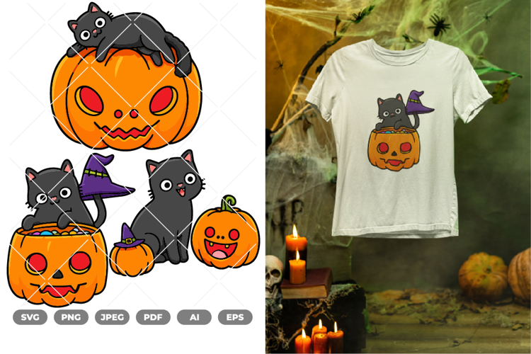 Black Cat and Pumpkin Colored SVG & Clipart