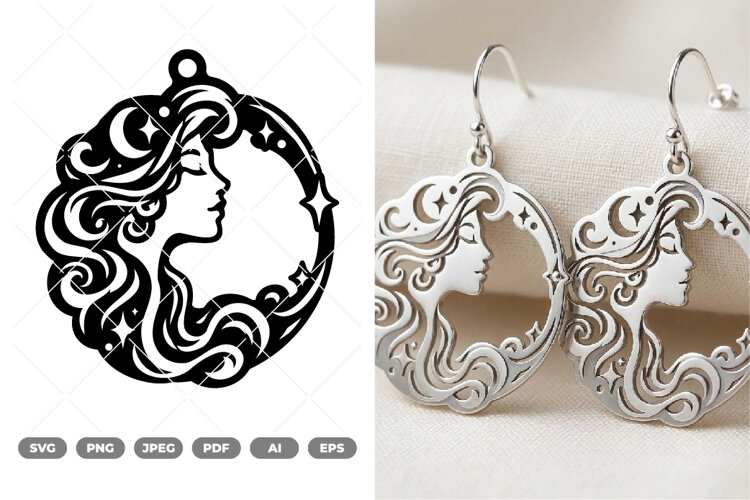 Moon and Women Earring SVG & Clipart example image 1