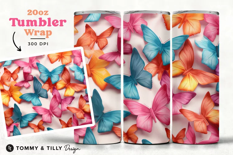 3D Butterflies Tumbler Wrap PNG | 20oz Straight & Tapered