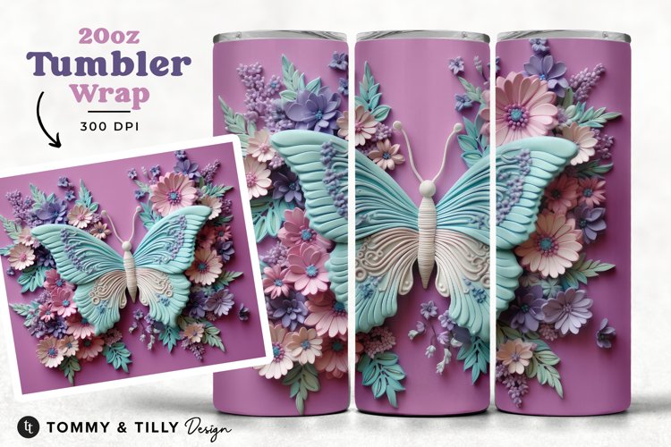 3D Butterflies Tumbler Wrap PNG | 20oz Straight & Tapered