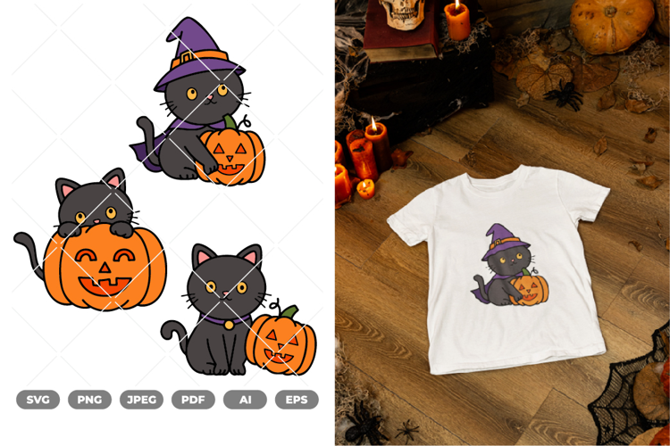 Black Cat & Pumpkin Colored SVG & Clipart
