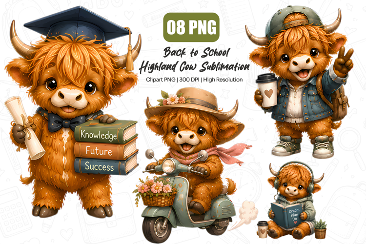 Back to School Highland Cow Clipart PNG, Cute Graduation PNG