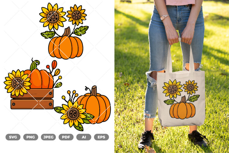 Autumn Pumpkin and Sunflower Colored SVG & Clipart example image 1
