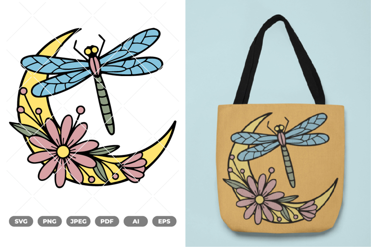 Dragonfly and Floral Moon Colored SVG & Clipart example image 1