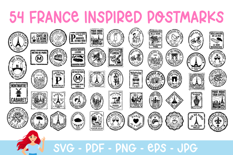 54 France inspired postmarks, mail delivery stamps