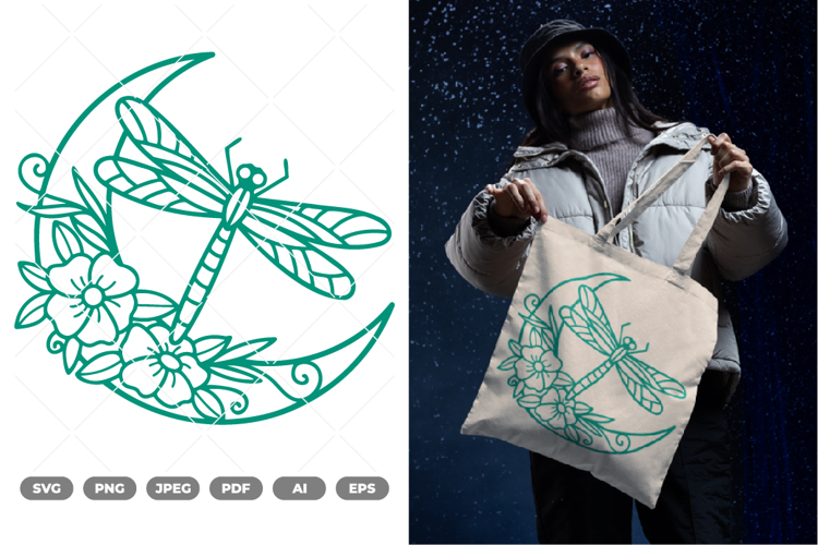 Dragonfly and Floral Moon SVG & Clipart example image 1