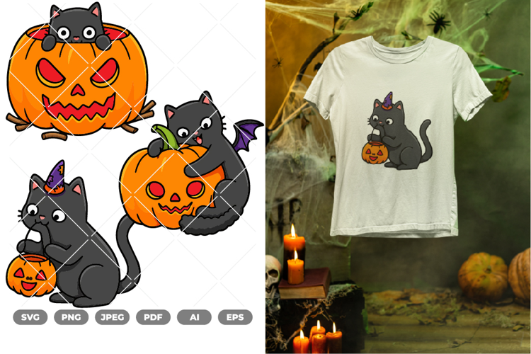 Black Cat and Pumpkin Colored SVG & Clipart