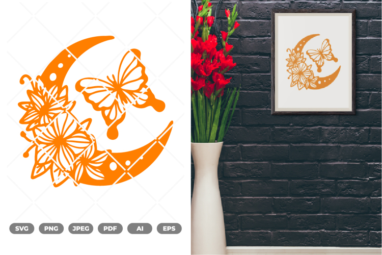 Floral Moon and Butterfly SVG & Clipart