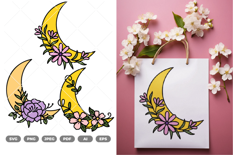 Floral Moon Colored SVG & Clipart