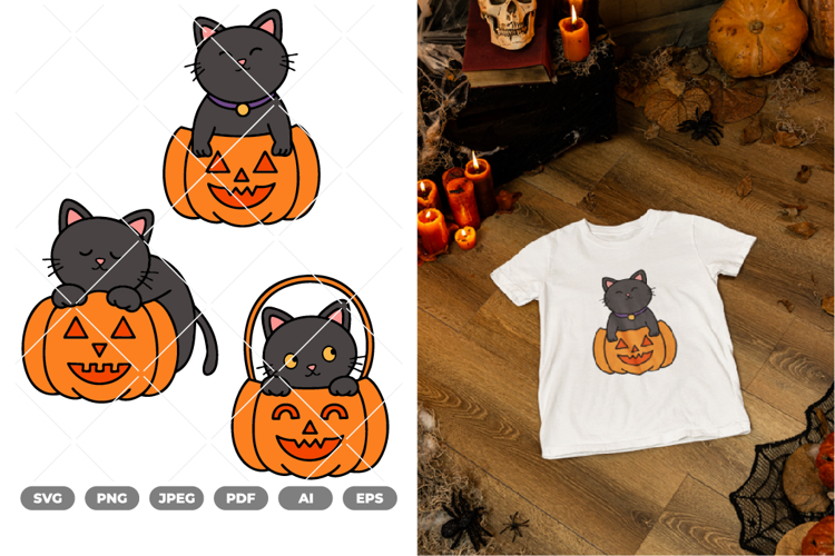 Black Cat & Pumpkin Colored SVG & Clipart