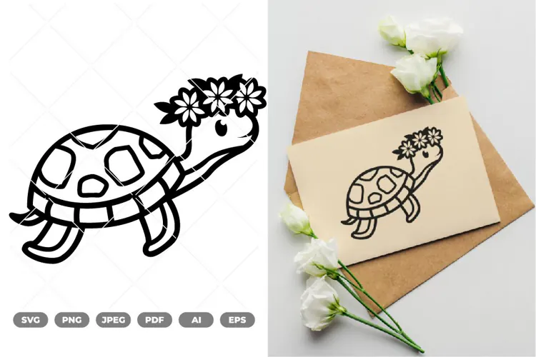Turtle With Flowers Crown SVG & Clipart