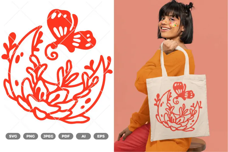 Floral Moon and Butterfly SVG & Clipart