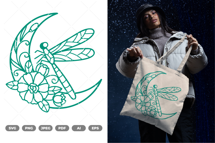 Dragonfly and Floral Moon SVG & Clipart example image 1