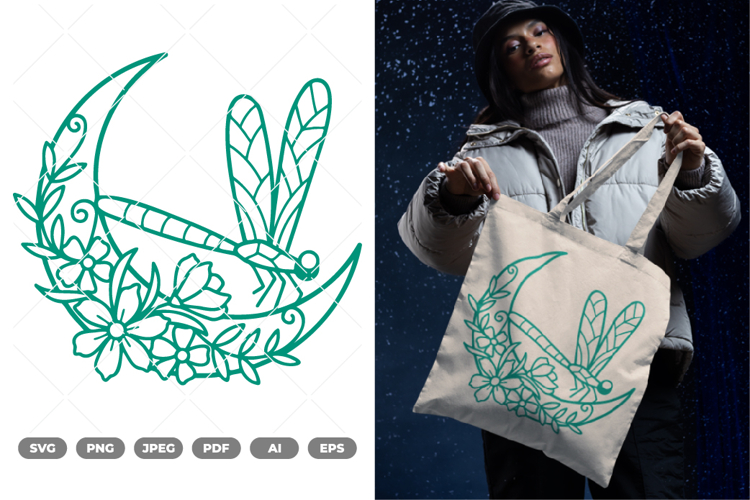 Dragonfly and Floral Moon SVG & Clipart example image 1