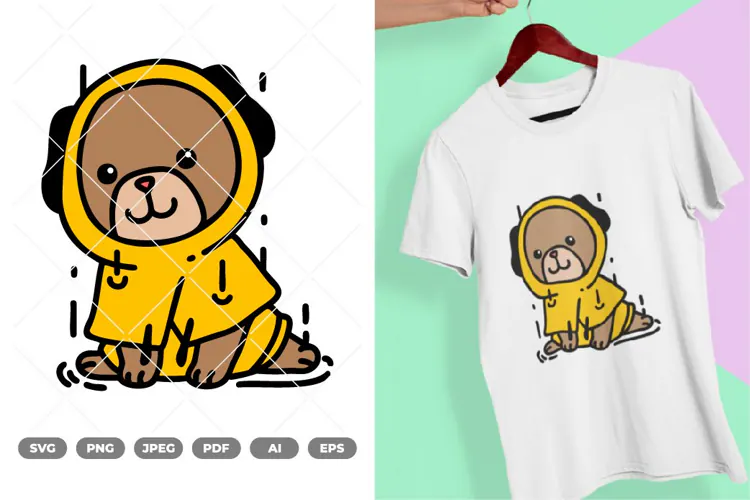 Kawaii Dog Wearing Raincoat SVG & Clipart