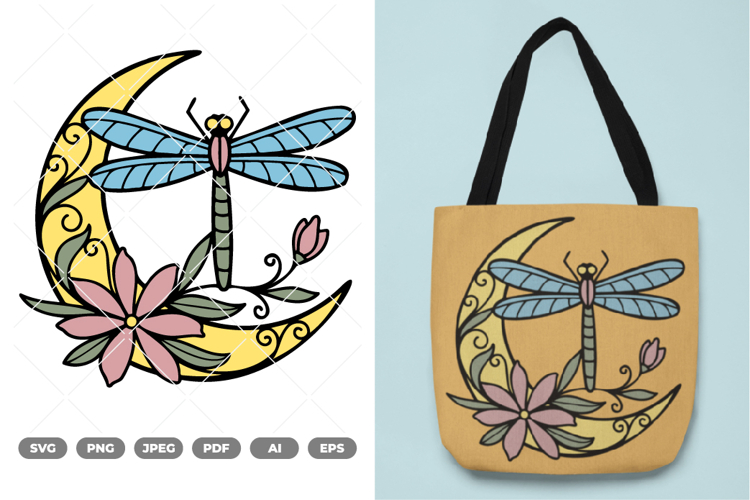 Dragonfly and Floral Moon Colored SVG & Clipart example image 1