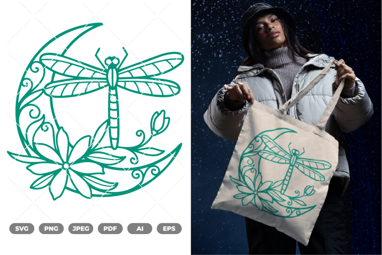 Dragonfly and Floral Moon SVG & Clipart example image 1