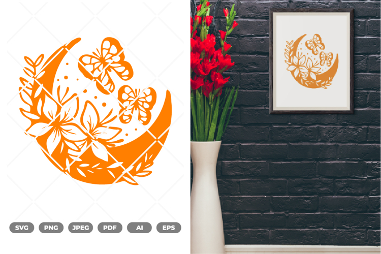 Floral Moon and Butterfly SVG & Clipart