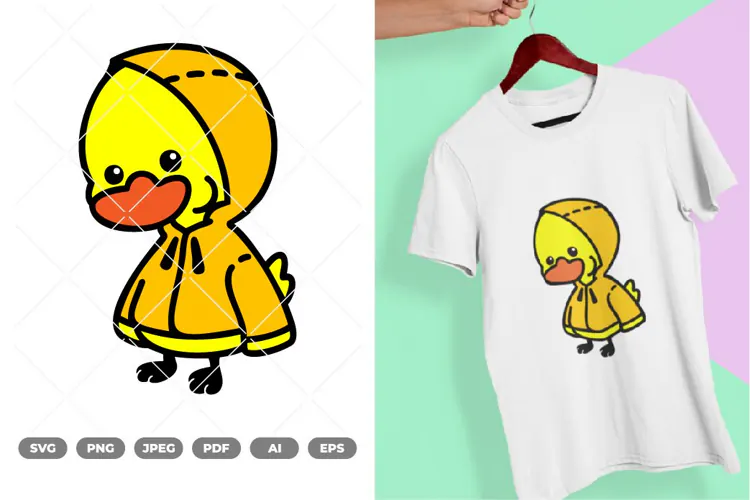 Kawaii Duck Wearing Raincoat SVG & Clipart