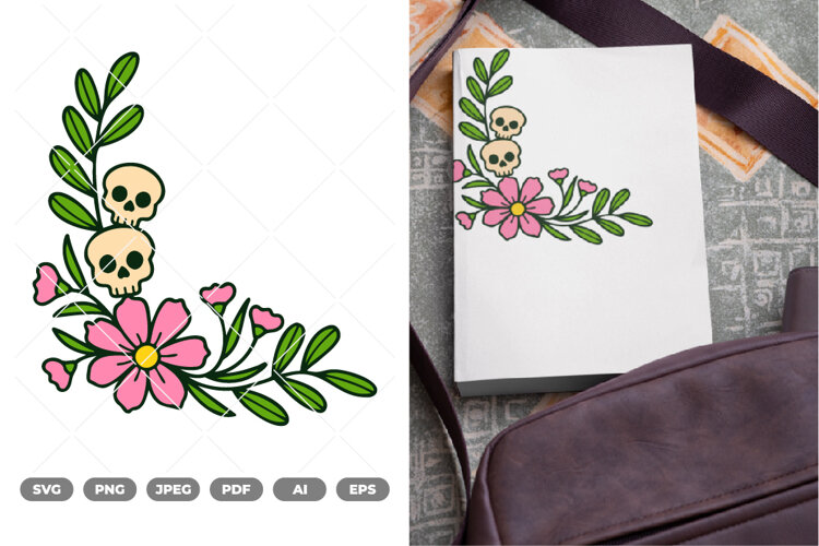 Skull Floral Corner Colored SVG & Clipart example image 1