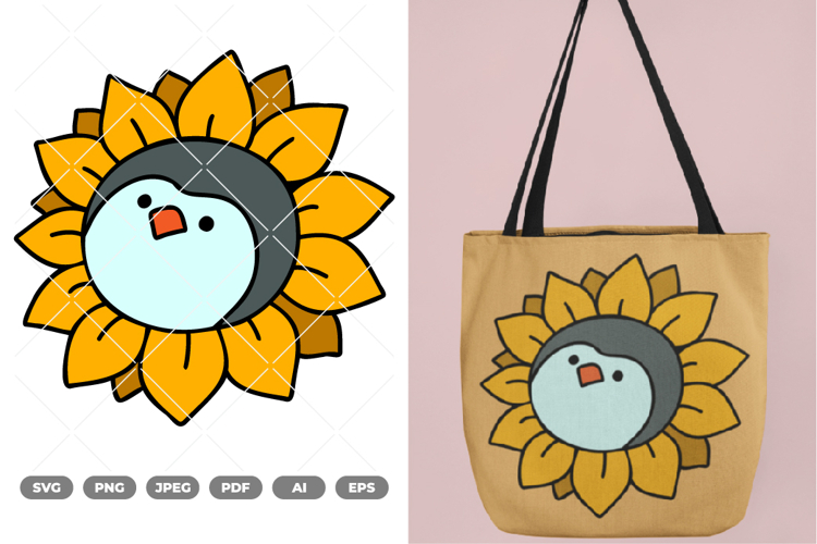 Penguin with Sunflower Head Colored SVG   Clipart