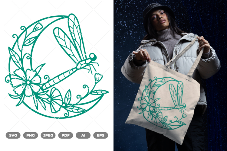 Dragonfly and Floral Moon SVG & Clipart example image 1