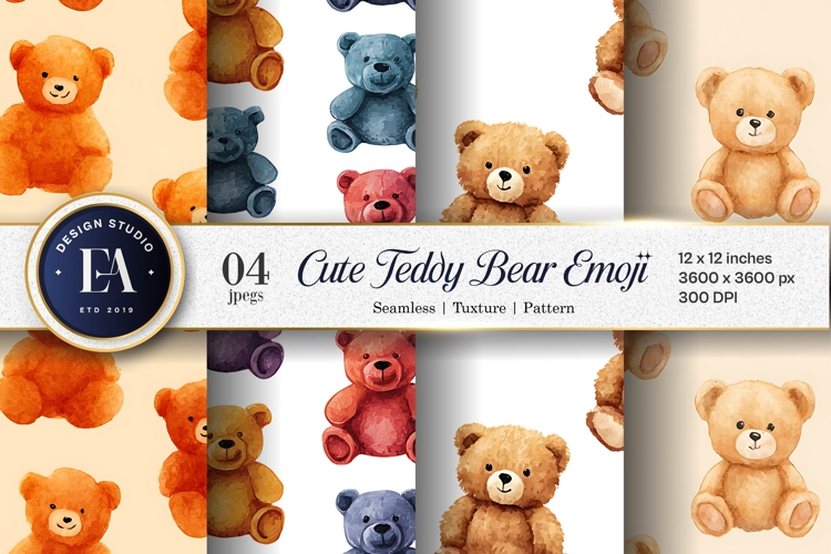 Teddy Bear Emoji Watercolor Seamless Cute Digital Paper