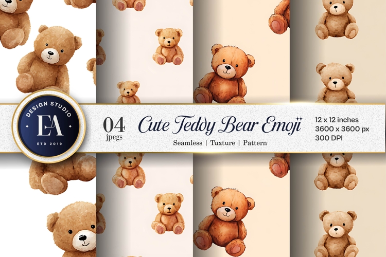 Watercolor Teddy Bear Emoji Seamless Art Digital Paper