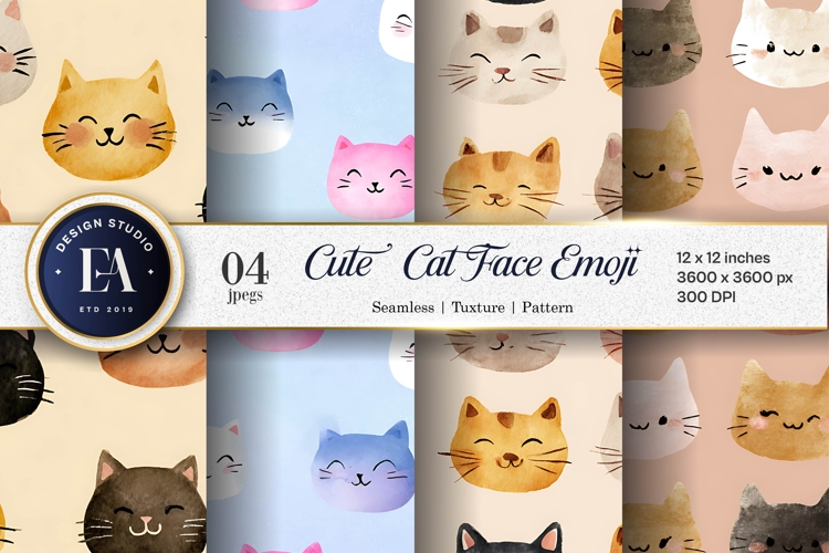 Cute Watercolor Cat Face Emoji Pattern Digital Paper