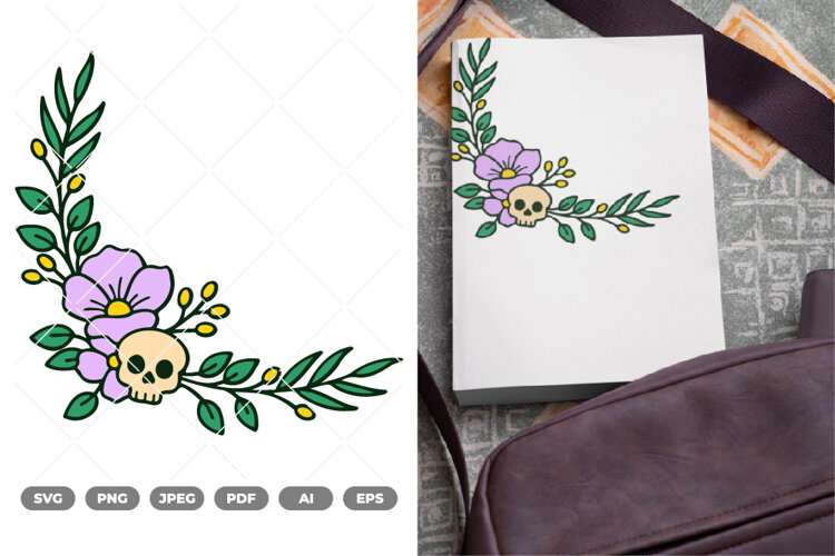 Skull Floral Corner Colored SVG & Clipart example image 1