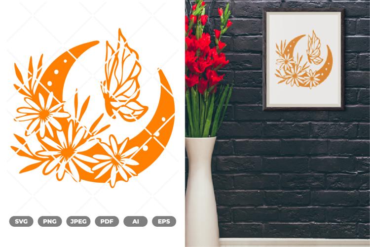 Floral Moon and Butterfly SVG & Clipart