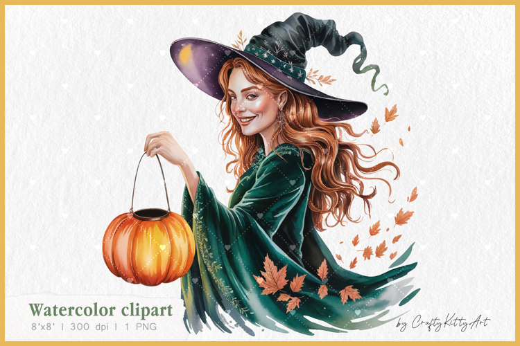 Witch PNG sublimation clipart, Watercolor Halloween clipart