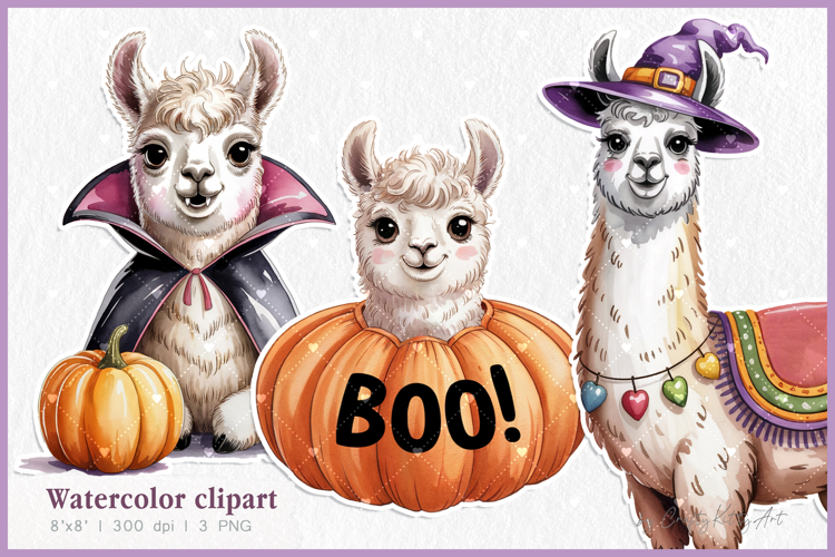 Halloween llama PNG clipart, Watercolor llamas, baby animals