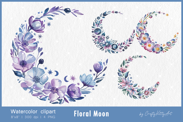 Floral Moon watercolor clipart, Crescent Moon with flowers