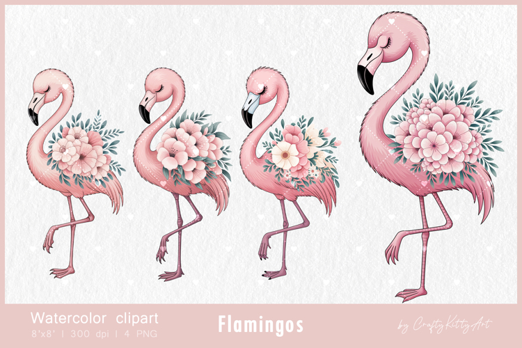 Floral Flamingo watercolor clipart, Pink birds with flowers